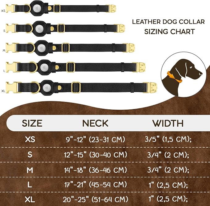 Leather Airtag Dog Collar - Soft Tracking Dog Collar with Apple AirTag Holder and Metal Buckle - Safety GPS Pet Collars for Small Medium Large Dogs Puppy Pink Red (Black, M, 14"-18" Neck Fit)