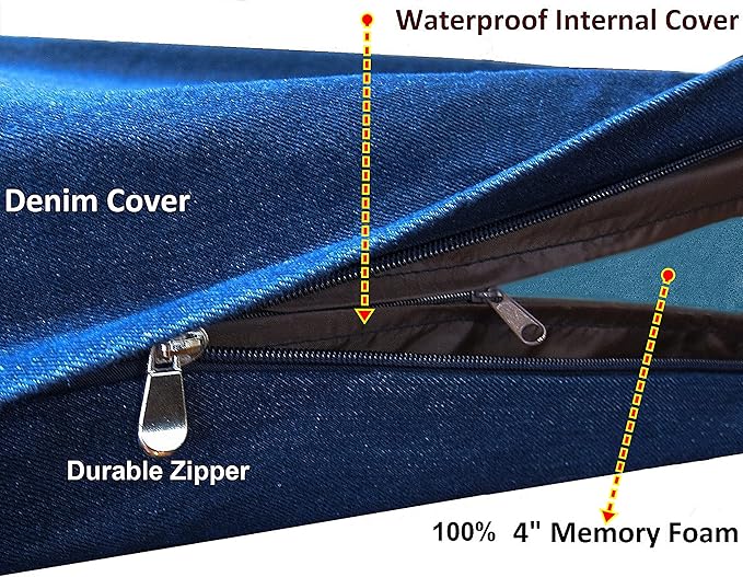Dogbed4less XL Orthopedic Waterproof Durable Dog Bed for Medium to Large Dogs with Cool Memory Foam Pad, Denim in Blue, 40X35X4