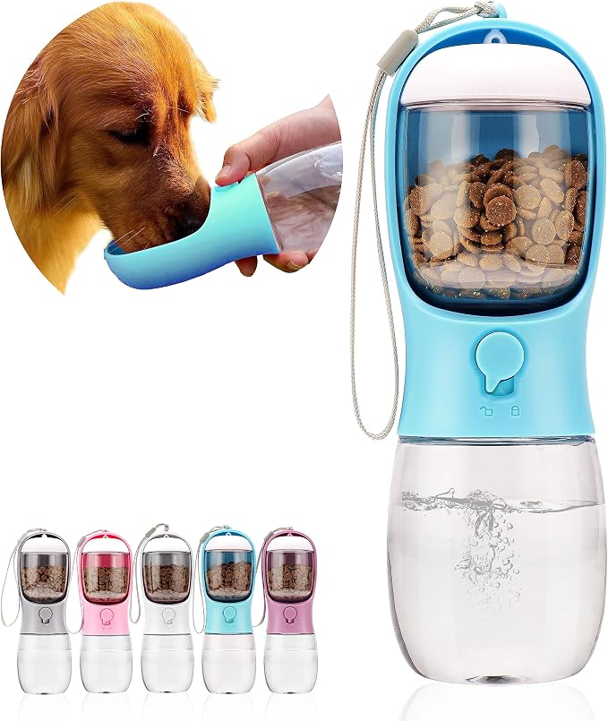 Dog Water Bottle with Food Container, Portable Leak Proof Pet Water Dispenser for Walking Hiking Travel, Puppy Essentials Accessories for Small Large Dogs, Dog Gifts (10oz/15oz/19oz)