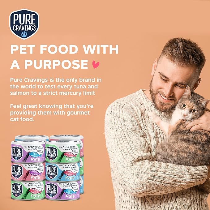 Pure Cravings Pate, Canned Wet Cat Food, 100% Mercury-Tested, Moist Can Fish, Grain-Free Protein, Non-GMO, Variety Pack of 12-3X Tuna/Salmon, 3X Tuna/Pumpkin, 3X Tuna/Sardine, 3X Salmon/Sardine