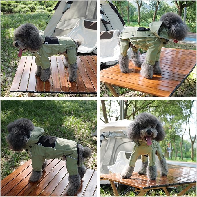 LOVELONGLONG Waterproof Dog Raincoat with Removable Hood – Outdoor Full Body Dog Jacket, Windproof Snowproof Shell Suit – All Season Pet Rain Gear Sage Green S