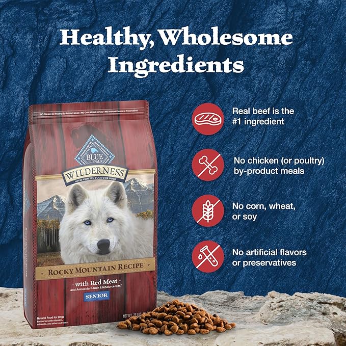 Blue Buffalo Wilderness Rocky Mountain Recipe High-Protein Senior Dry Dog Food, Made in The USA with Natural Ingredients Plus Wholesome Grains, Red Meat, 22-lb. Bag