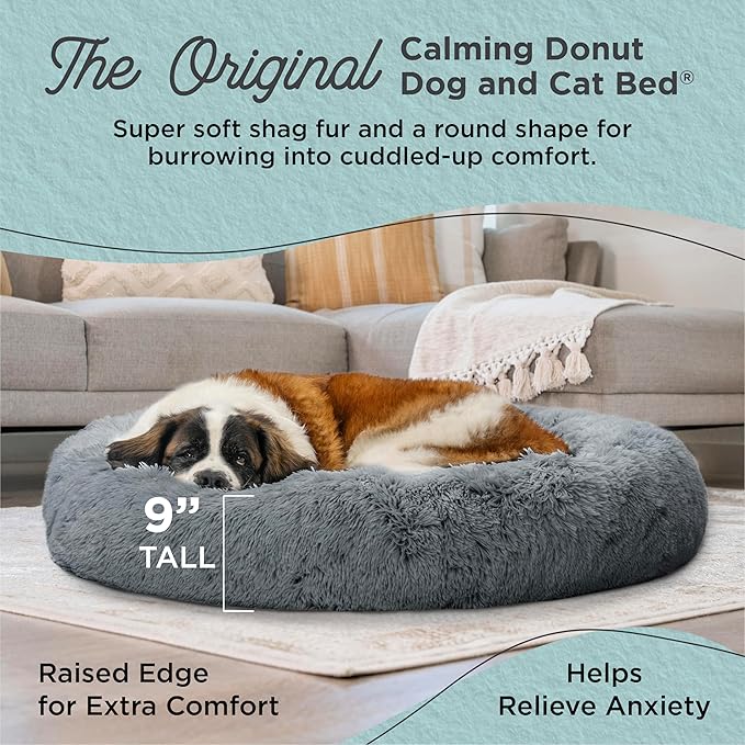 Best Friends by Sheri Original Calming Donut Dog and Cat Bed, Shag Faux Fur, Gray, XL (45in x 45in) - Anxiety Relief for Pets Up to 150 lbs