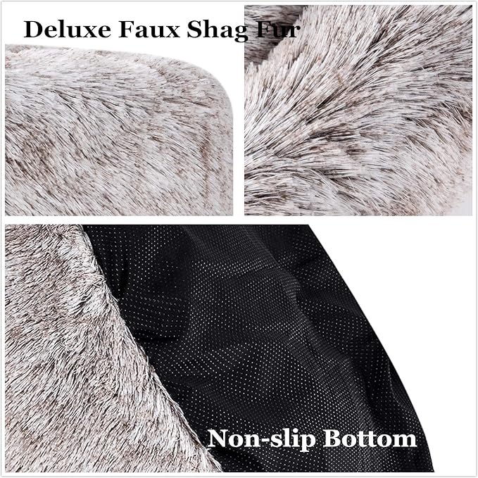 Coohom Oval Calming Donut Cuddler Dog Bed,Shag Faux Fur Cat Bed Washable Round Pillow Pet Bed(30"/36"/43") for Small Medium Dogs (XXL(43"x34"x8"), Light Brown)