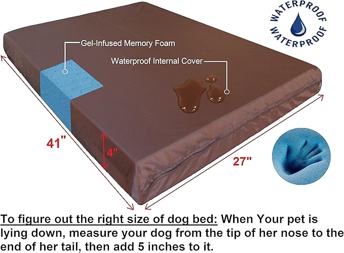 Dogbed4less Orthopedic Dog Bed with Memory Foam for Medium Large Pet, Waterproof Liner, Washable Microsuede Khaki Cover, 41X27X4 Inch (Fit 42X28 Crate)