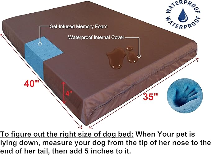 Dogbed4less Extra Large Orthopedic Memory Foam Dog Bed, Human Grade Gel-Infused Cooling Mattress, Durable Waterproof Liner and Heavy Duty 1680 Ballistic Blue External Cover, 40X35X4 Inch