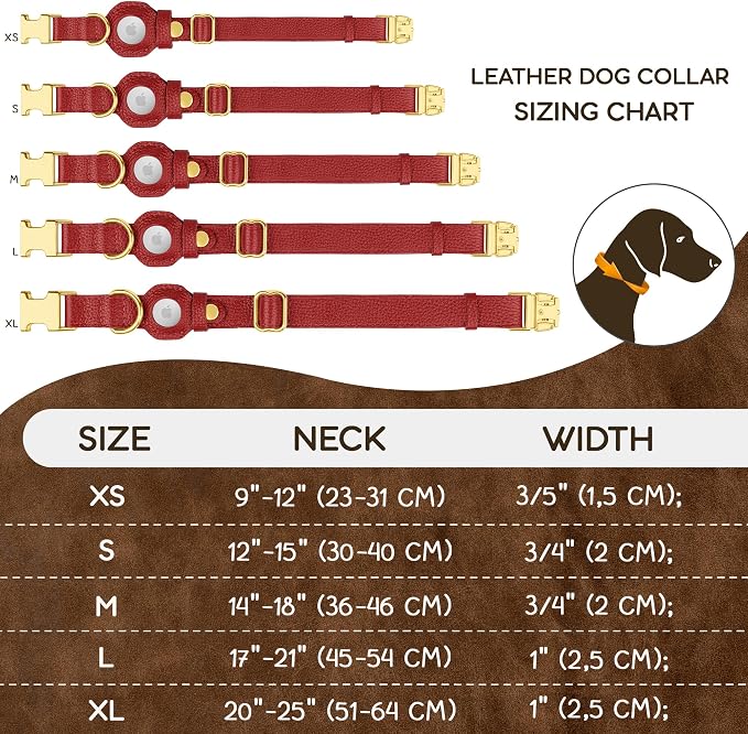 Leather Airtag Dog Collar - Soft Tracking Dog Collar with Apple AirTag Holder and Metal Buckle - Safety GPS Pet Collars for Small Medium Large Dogs Puppy Pink Red (Red, S, 12"-15" Neck Fit)