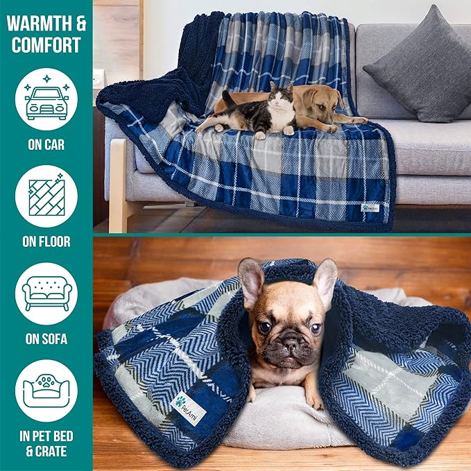 PetAmi Dog Blanket for Bed, XL Pet Blanket Large Dogs, Fleece Furniture Couch Cover Protector Sofa Car Crate Kennel, Soft Sherpa Cat Throw Plush Reversible Washable, Twin 60x80 Plaid Navy Blue