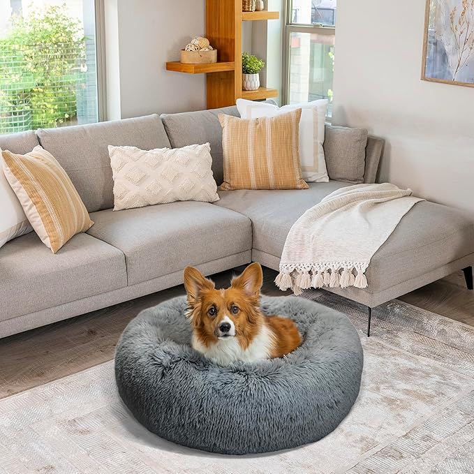 Best Friends by Sheri Original Calming Donut Dog and Cat Bed, Shag Faux Fur, Gray, (23in x 23in) - Anxiety Relief for Pets Up to 25 lbs