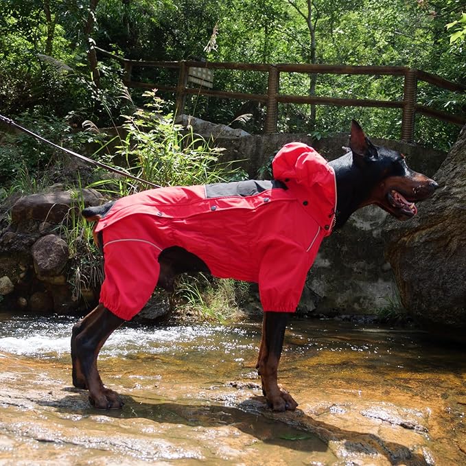 LOVELONGLONG Fleece-Lined Dog Raincoat with Removable Hood – Waterproof Winter Full Body Dog Jacket – Windproof Snowproof Cold-Weather Suit – Red-F L