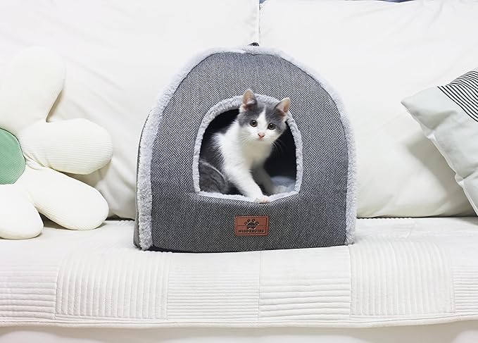Cat Bed for Indoor Cats - Cat Cave Bed Cat House Cat Tent with Removable Washable Cushioned Pillow, Soft and Self Warming Kitten beds,Cat Beds & Furniture （Large Grey）