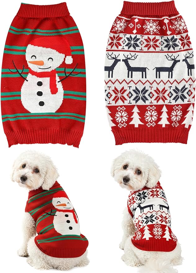 2PCS Dog Christmas Sweater, Soft Warm Pet Clothes Coat for Small Medium Large Dogs and Cats Boy Girl, Fall Cozy Holiday Turtleneck Knitting Collar Pullover Pup Outfit Costume for Thanksgiving New Year