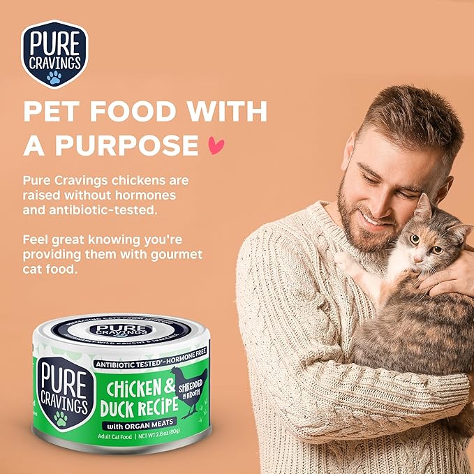 Pure Cravings Chicken and Duck Recipe in Broth, Shredded Wet Cat Food, Grain-Free Protein, Non-GMO, 12 Pack
