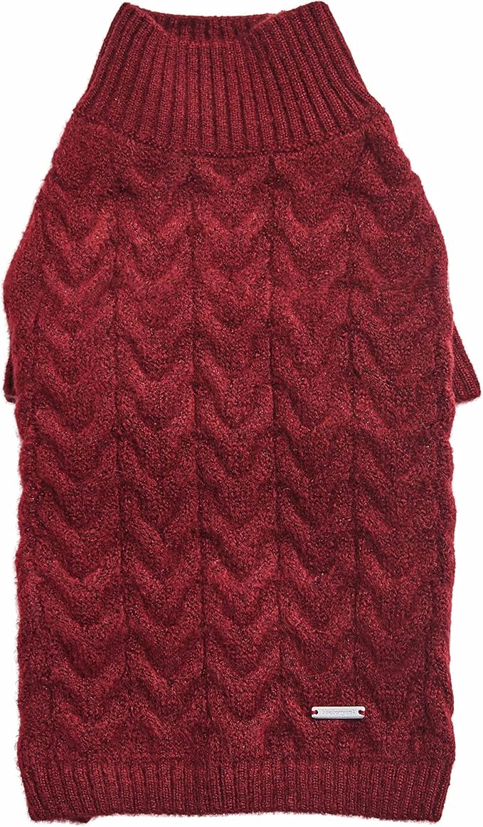 Blueberry Pet Classic Fuzzy Textured Knit Pullover Turtle-Neck Dog Sweater in Burgundy Red, Back Length 10", Pack of 1 Clothes for Dogs