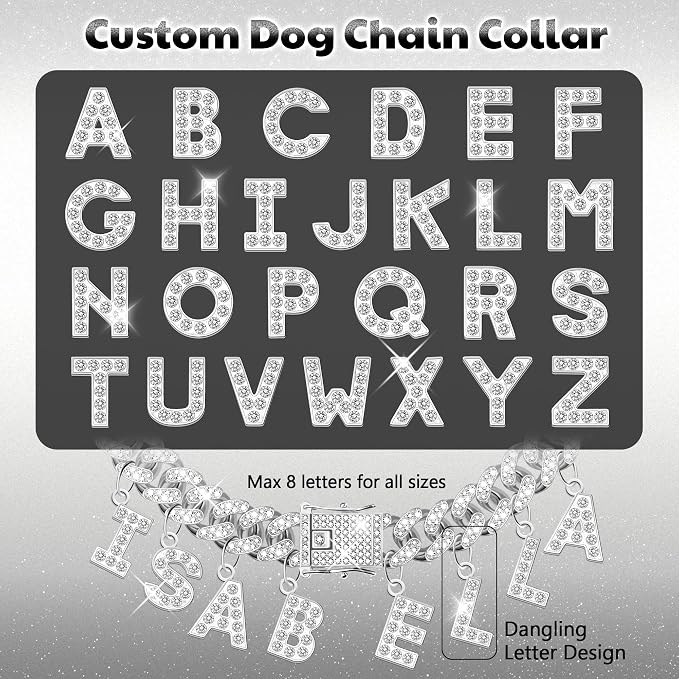 Custom Dog Chain Collar with Name, Diamond Collars Metal Chain Necklace with Secure Buckle, Cuban Style Jewelry Accessories for Puppy Small Medium Large Dogs(Silver, 16 Inch)