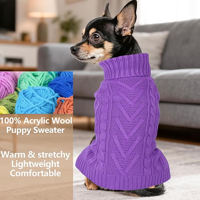 Dog Sweaters for Small Dogs Warm Dog Clothes Winter Chihuahua Clothes Girl Boy Puppy Sweater Cable Knitted Doggy Coat Soft Mini Dachshund Sweater with Turtleneck Pullover Design (D-Purple, Medium)