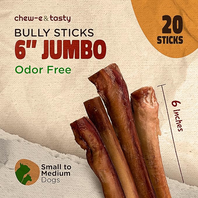 chew-e&tasty Premium Grade 6" Jumbo Bully Sticks (Pack of 20) - All Natural Free-Range Odor Free High Protein Beef Dental Dog Chews Safest Long Lasting Pizzle Chews to Keep Your Dog Busy