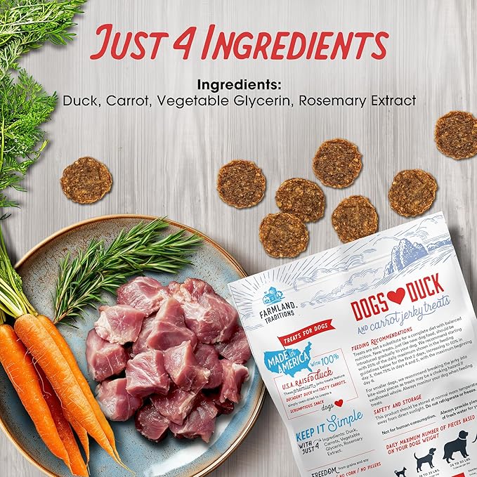 Farmland Traditions Filler Free Dogs Love Duck & Carrot Premium Jerky Treats. (5 oz)