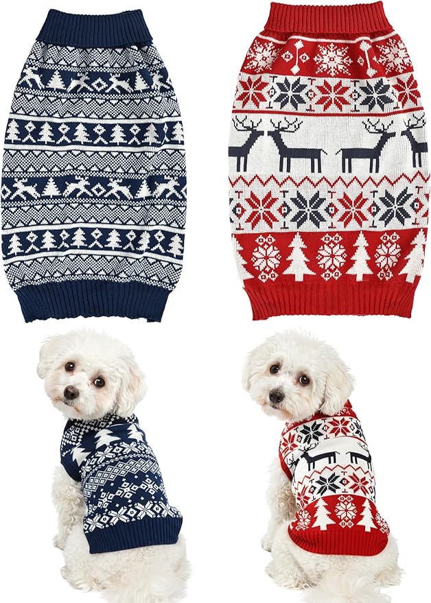 2PCS Dog Christmas Sweater, Soft Warm Pet Clothes Coat for Small Medium Large Dogs and Cats Boy Girl, Fall Cozy Holiday Turtleneck Knitting Collar Pullover Pup Outfit Costume for Thanksgiving New Year