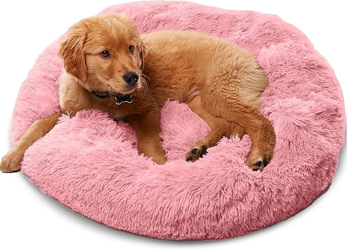 Active Pets Premium Small Donut Dog Bed, Fits Up to 45 lbs, Removable Cover & Washable Cushion, Plush Long Pile Faux Fur Fabric, Portable Pink Pet Bed Furniture for Puppies Adult Canines & Cats