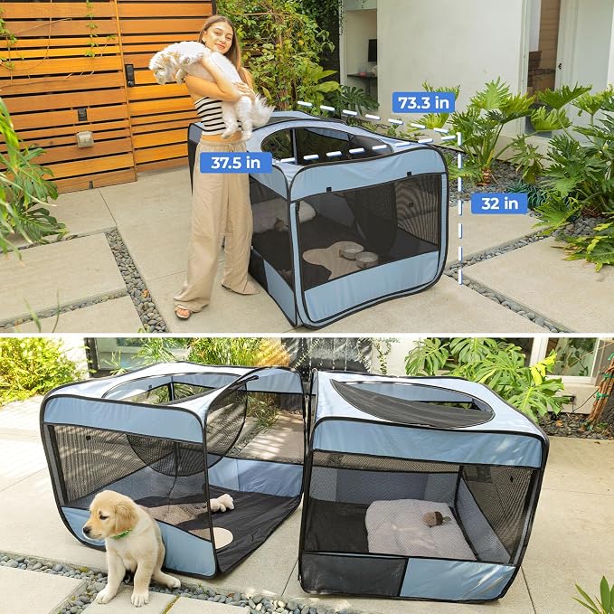 2-in-1 Pop Up Puppy Playpen, Detachable into 2 Separate Pens with Additional Doors, Assembly-Free Portable Cat Dog Crates Pet Pen Tent Kennel Kitten Enclosure Cage Indoor Outdoor Foldable Condo(L)