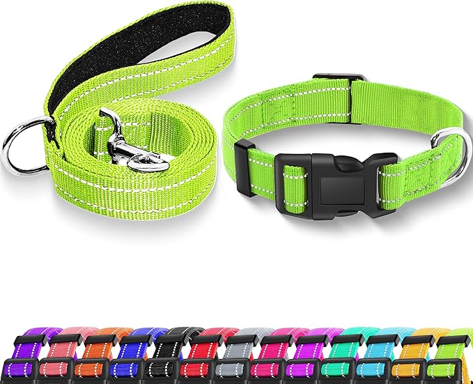 Reflective Dog Collar with Safety Locking Buckle, Adjustable Soft Breathable Nylon Collars for Small, Medium and Large Dogs(Collar+Leash L Green)