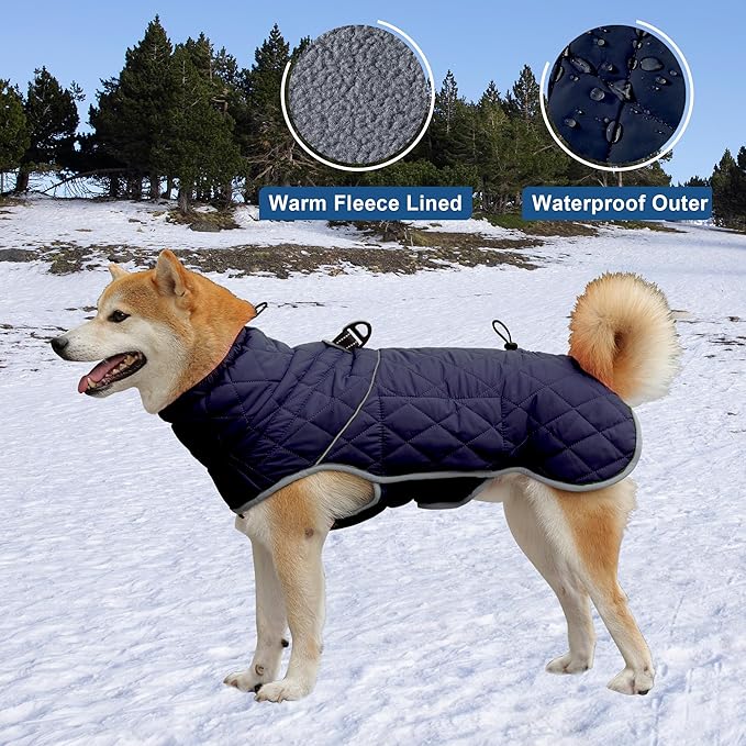 Dog Winter Coat with Harness, Reflective Windproof&Waterproof Fleece Jacket for Cold Weather, Dog Pullover Jumpsuit Snowsuit for Small Medium Large Dogs, Navy S