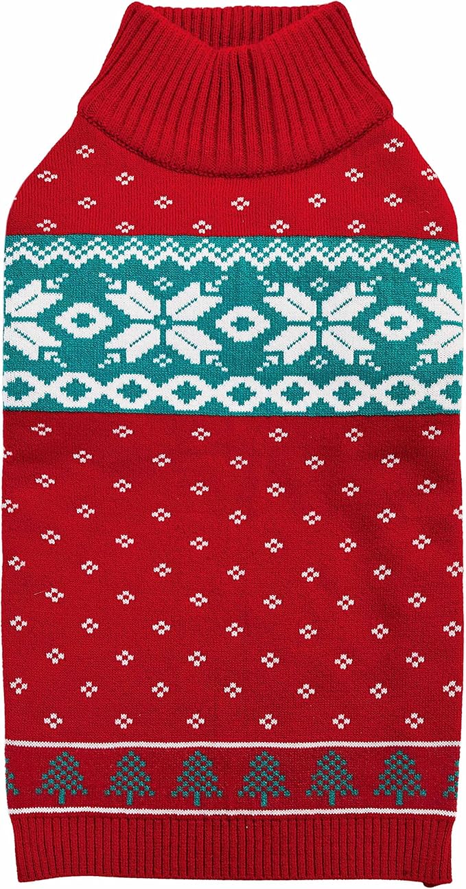 Blueberry Pet Christmas Tree and Snowflake Dog Sweater in Festive Red, Back Length 14", Pack of 1 Clothes for Dogs
