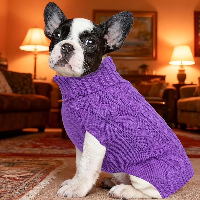 Dog Sweaters for Small Dogs Warm Dog Clothes Winter Chihuahua Clothes Girl Boy Puppy Sweater Cable Knitted Doggy Coat Soft Mini Dachshund Sweater with Turtleneck Pullover Design (D-Purple, Medium)