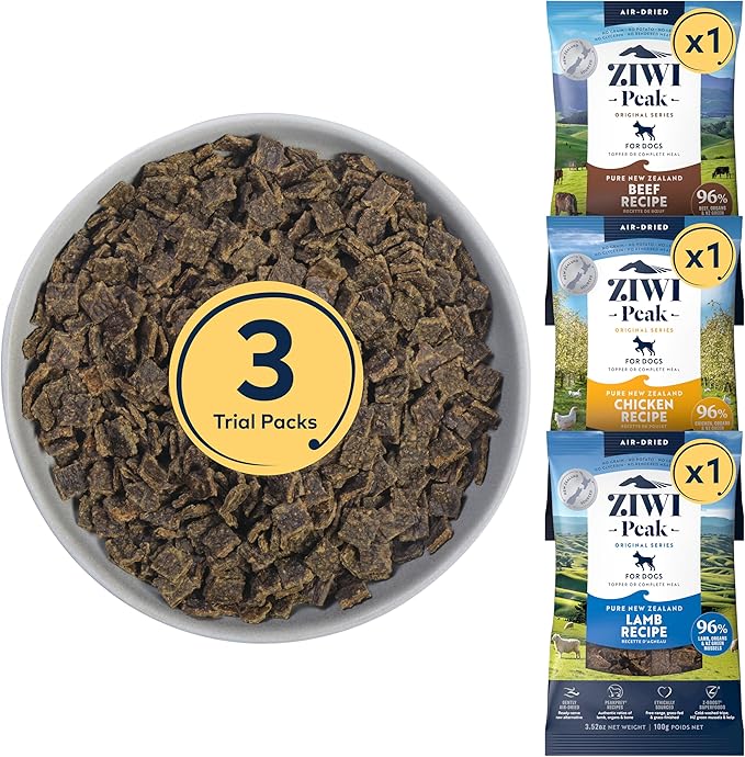 ZIWI Peak Air-Dried Dog Food, Variety Pack Trial Size: Beef + Chicken + Lamb - All Natural, High Protein, Grain Free, Limited Ingredient w/Superfoods (3.5oz Pack of 3)