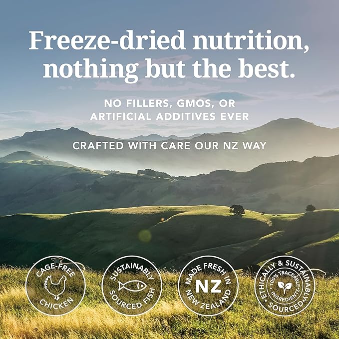 Feline Natural Freeze Dried Cat Food - Grain-Free and High Protein Cat Food from New Zealand, Complete Meal or Topper for Kittens, Adults, and Senior Cats, Chicken and King Salmon, 100g