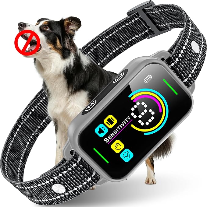 DINJOO Bark Collar, Dog Collar for Large Medium Small Dogs,Smart Barking Collar,Rechargeable Anti Barking Training Collar with 8 Adjustable Sensitivity,Bark Collar with Beep (Grey)