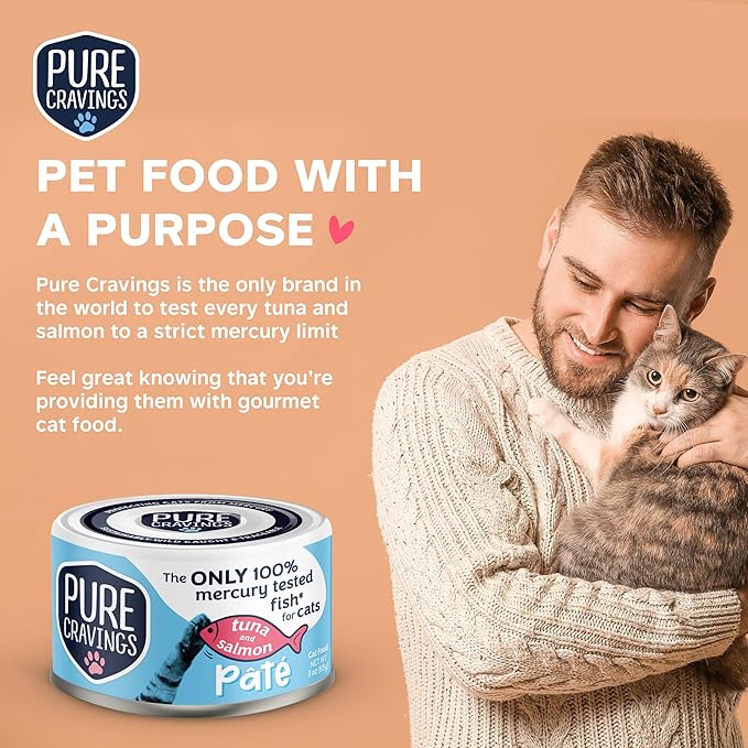 Pure Cravings Tuna and Salmon Pate, Canned Wet Cat Food, 100% Mercury-Tested, Moist Can Fish, Grain-Free Protein, Non-GMO, 12 Pack