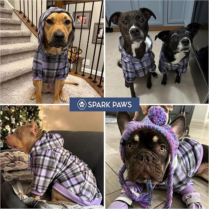 Spark Paws Dog Hoodie – Premium Dog Sweater for Small, Medium, and Large Dogs | Warm Outfits for French Bulldogs, Pitbull, Puppy, Winter Jacket Alternative - Purple Plaid - L