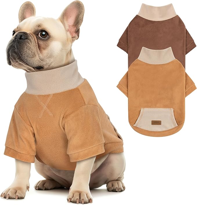 cyeollo 2 Pack Fleece Dog Sweater, Warm Turtleneck Winter Doggy Sweaters for Small Dogs Boy Girl, Soft Stretchy Sweatshirt Pet Dog Clothes with Sleeves, Khaki & Brown L