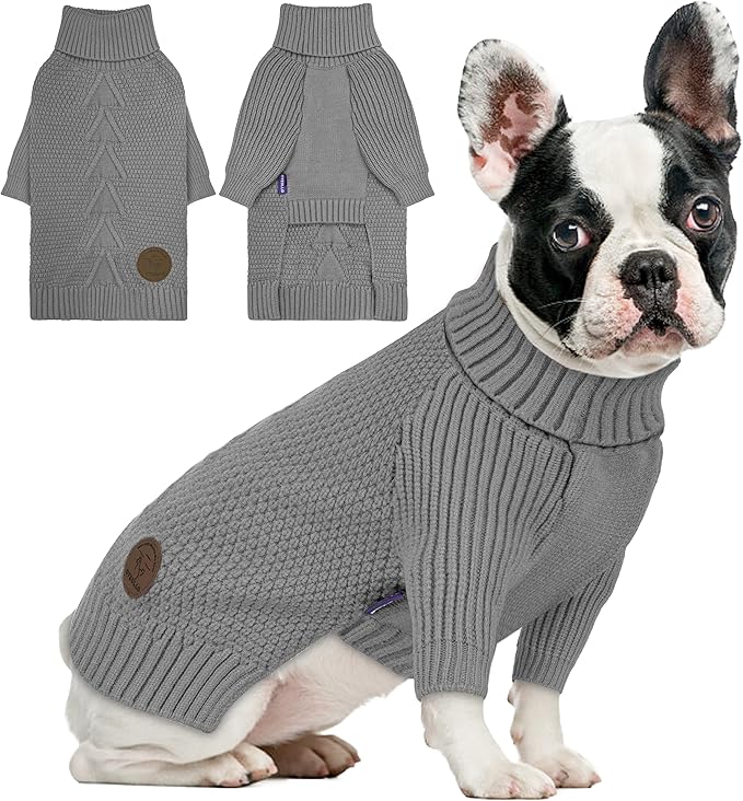cyeollo Dog Sweaters Turtleneck Knitted Sweater with Long Sleeves Winter Pet Clothes Dog Sweaters for Small Dogs, Grey M
