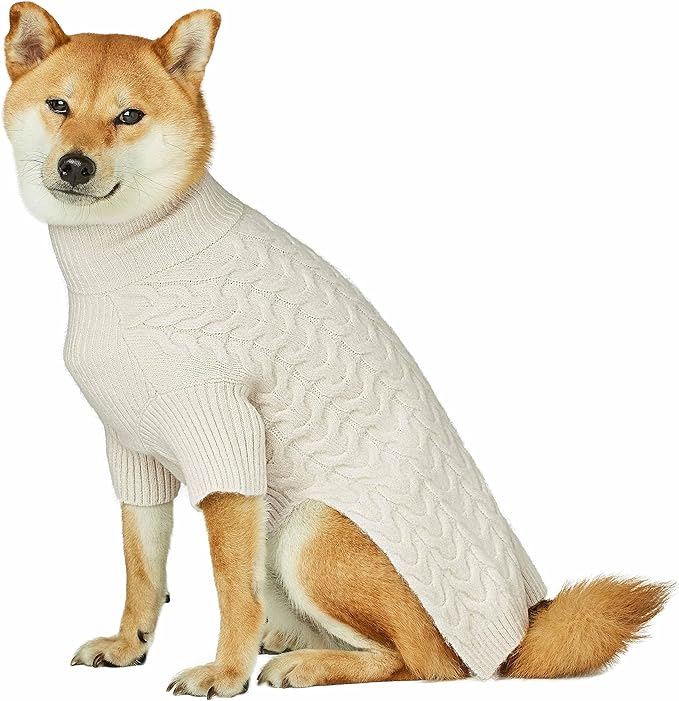Blueberry Pet Classic Fuzzy Knit Dog Sweater, Pullover Turtle-Neck Christmas Sweater in Ivory, Back Length 10", Super-Soft, Machine Washable