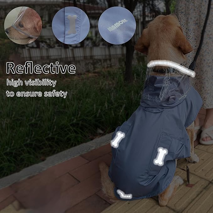 Waterproof Dog Raincoat, Adjustable Reflective Lightweight Pet Rain Clothes with Poncho Hood(X-Large, Blue&Grey)