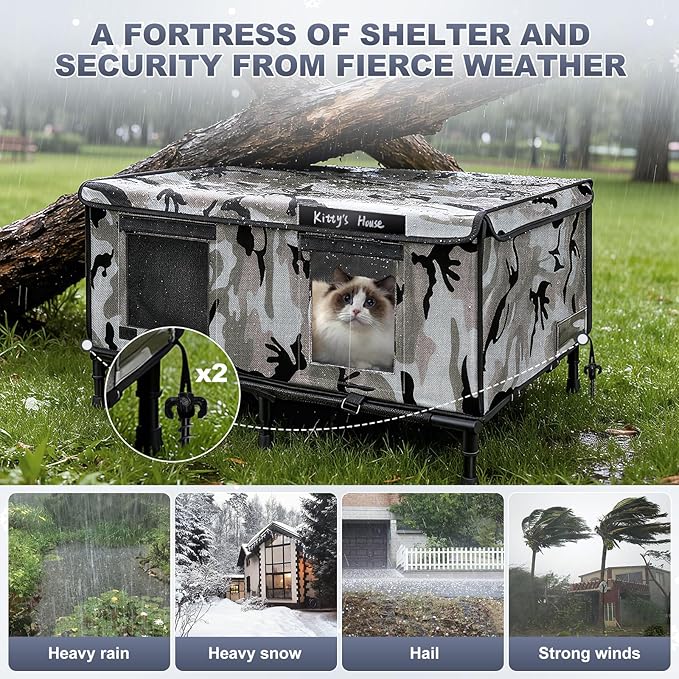 Outdoor Cat House - Weatherproof Outdoor Cat Shelter with 2 Doors & Rain Cover, Waterproof Cat House for Feral Cats & Stray Pets (32"x22"x18") - Unheated
