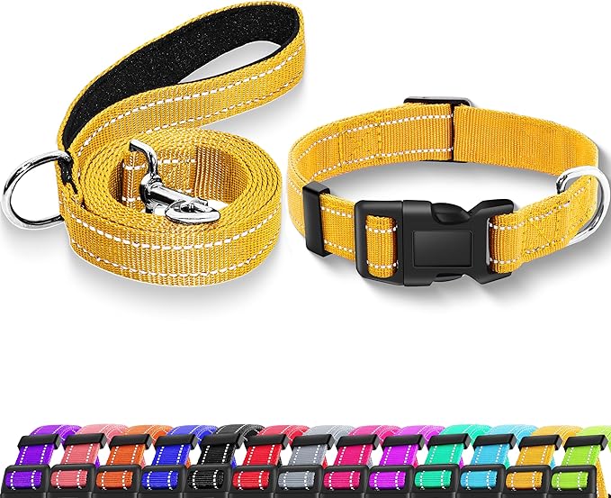 Reflective Dog Collar with Safety Locking Buckle, Adjustable Soft Breathable Nylon Collars for Small, Medium and Large Dogs(Collar+Leash XS Width 5/8" Yellow)