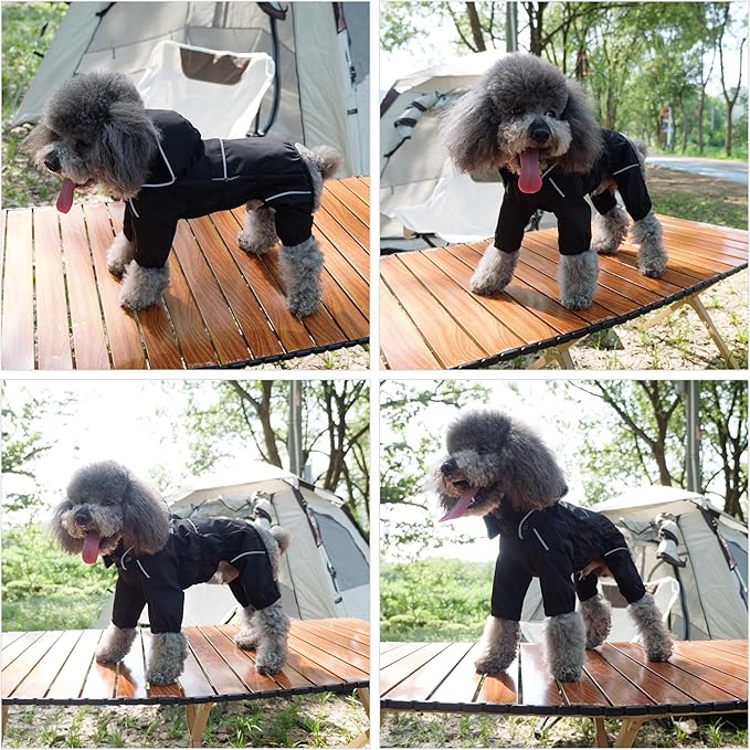 LOVELONGLONG Waterproof Dog Raincoat with Removable Hood – Outdoor Full Body Dog Jacket, Windproof Snowproof Shell Suit – All Season Pet Rain Gear Black L