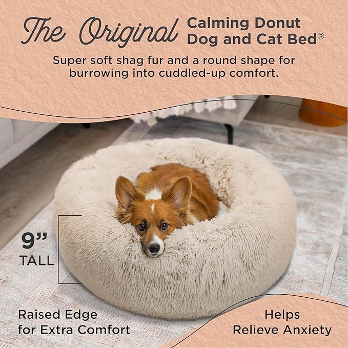 Best Friends by Sheri The Original Calming Donut Dog Bed – Washable Plush Pet Bed for Medium Breeds up to 45 lbs, Shag Faux Fur, Taupe, Medium (30" x 30")
