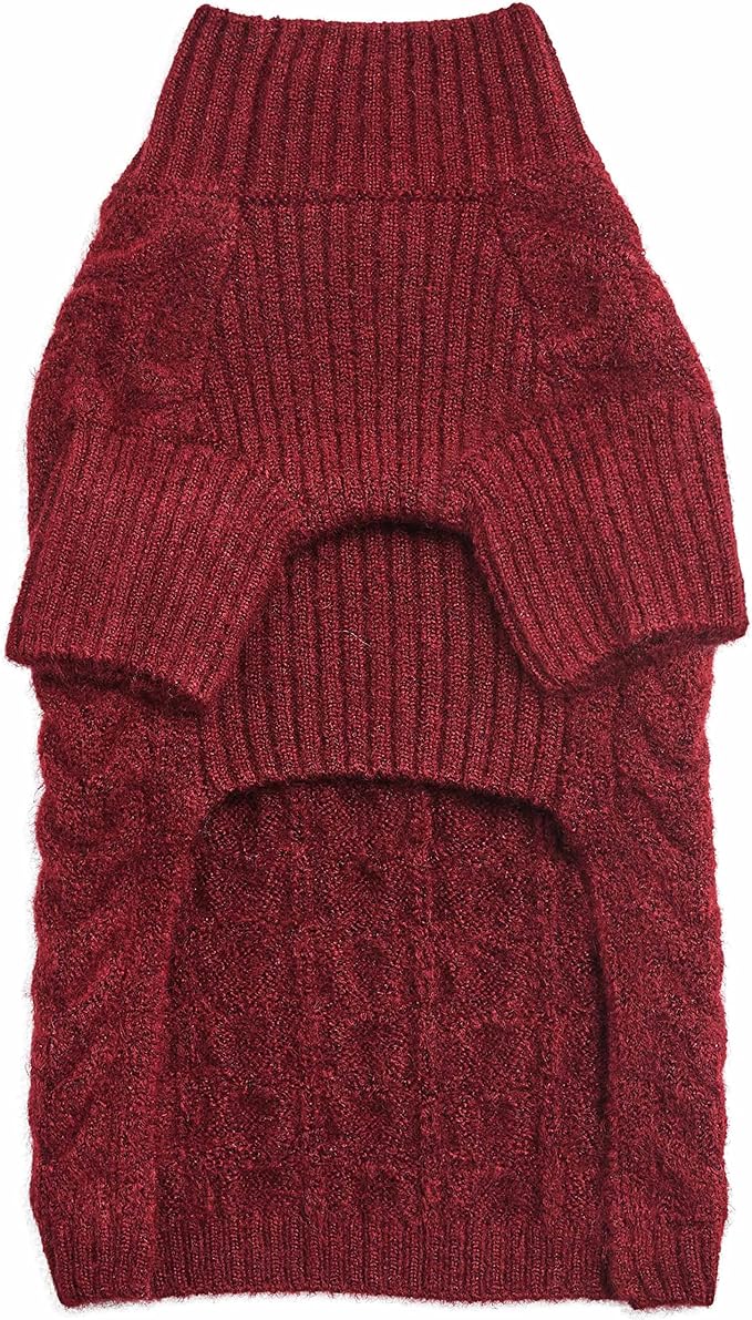 Blueberry Pet Classic Fuzzy Textured Knit Pullover Turtle-Neck Dog Sweater in Burgundy Red, Back Length 10", Pack of 1 Clothes for Dogs