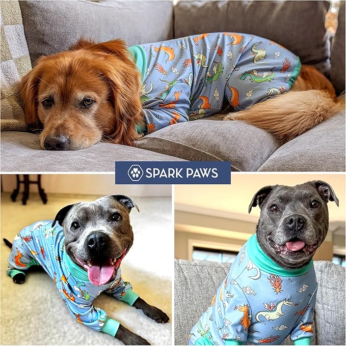 Spark Paws Dog Pajama, Dog Recovery Suit Male, Onesie, Ultra-Soft and 4-Way Stretch, for Small Medium and Large Breeds - Dragons - M