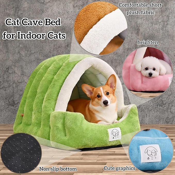 Cat Cave Bed for Indoor Cats-Semi-Enclosed Soft Winter Warm Bed,Cat Tent Nest with Removable Cushion and Anti-Slip Bottom,Slipper Dog Bed Cuddler House Easy Wash (Pink, L:23.6×19.7×15.7in)