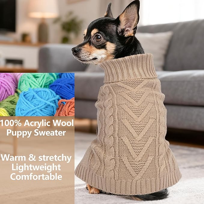 Dog Sweaters for Small Dogs Warm Dog Clothes Winter Chihuahua Clothes Girl Boy Puppy Sweater Knitted Doggy Coat Soft Mini Dachshund Sweater with Turtleneck Pullover Design (Khaki, Large)