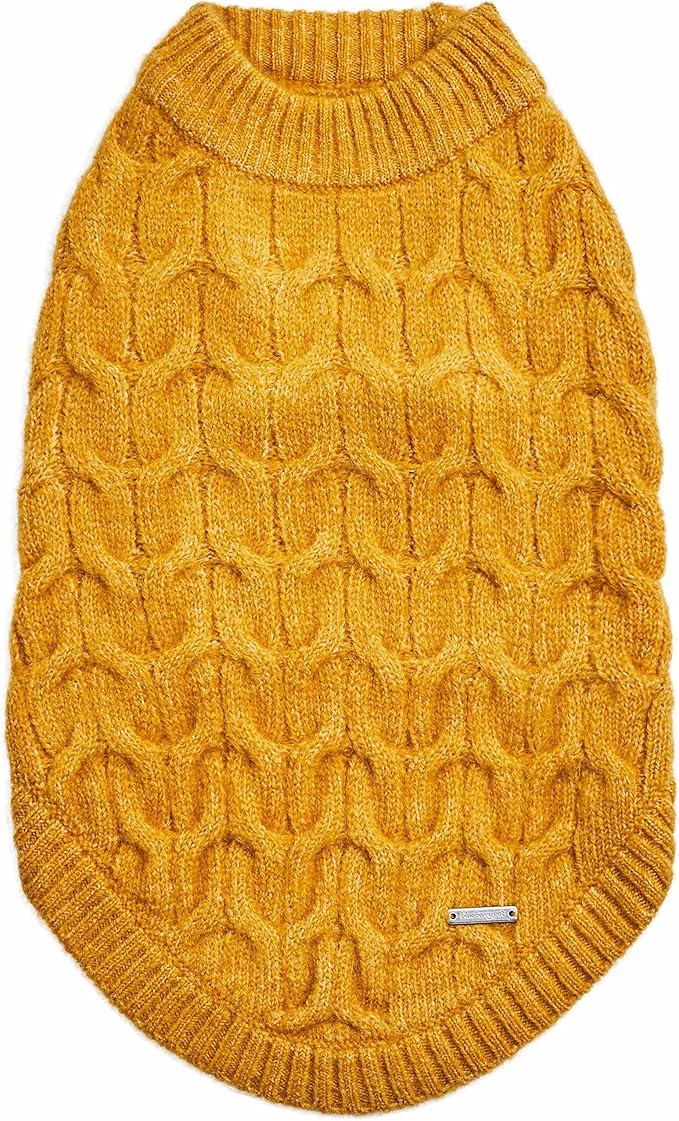 Blueberry Pet Classic Fuzzy Textured Knit Pullover Crew-Neck Dog Sweater in Mustard Yellow, Back Length 14", Pack of 1 Clothes for Dogs