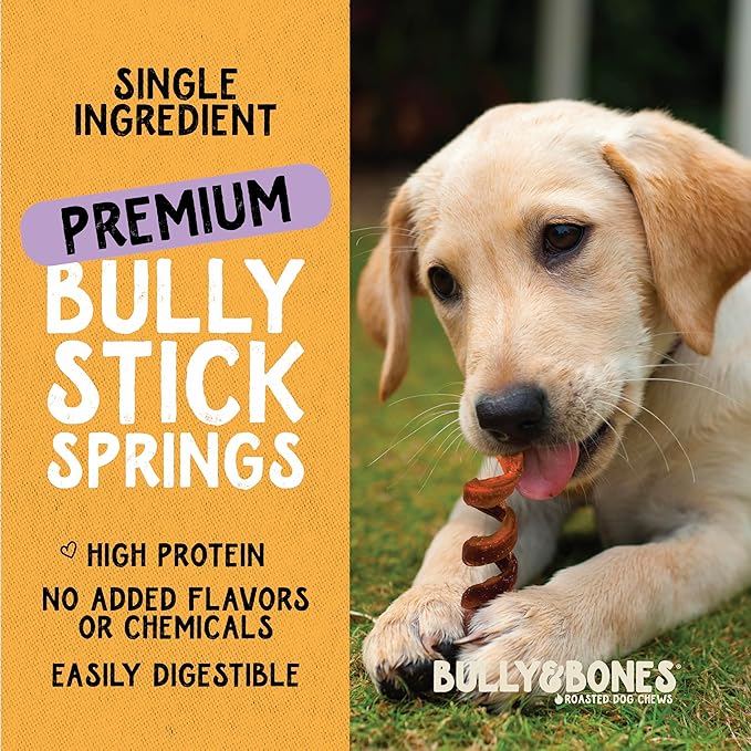 Bully & Bones 5 to 7 Inch Odor Free Bully Stick Springs (8 Pack) for Dogs. Healthy Single-Ingredient Beef chew Treats Crafted to Stimulate Your Dog’s Taste Buds. 5” to 7” Bully Stick Springs.