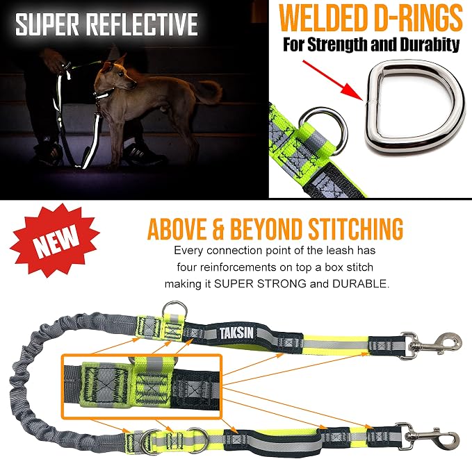 TAKSIN The Ultimate Hands Free Two Dogs Double Leash System for Walking Running Hiking Training, Reflective Bungee Leash, Treat Holder, Poop Bag Dispenser Small Medium Large Dogs (Grey Deluxe Pack)