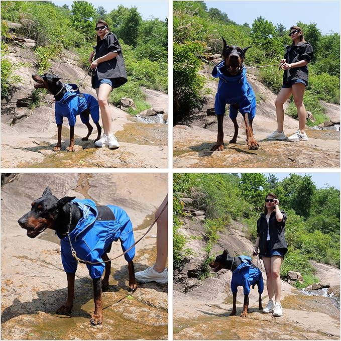 LOVELONGLONG Waterproof Dog Raincoat with Removable Hood – Outdoor Full Body Dog Jacket, Windproof Snowproof Shell Suit – All Season Pet Rain Gear Blue 4XL